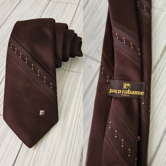 Paco Rabanne Paris Embroidered Vintage Monogram Necktie in Umber Brown and Tan - Picture 1 of 6